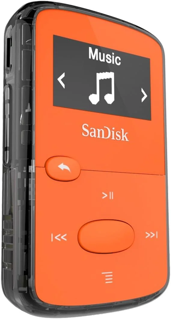 SanDisk Clip Sport Plus angled front view showing the SanDisk logo, clip attachment, and playback buttons