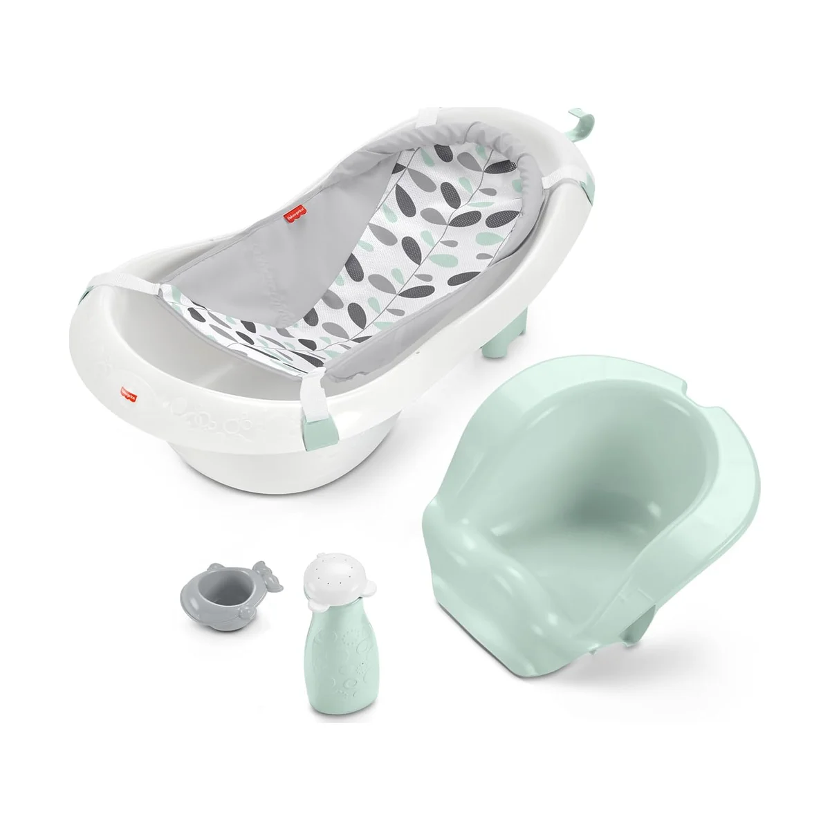 Fisher-Price 4-in-1 Sling 'n Seat Tub in white and mint, showing the tub with mesh newborn sling, removable sit-me-up seat, and two bath toys