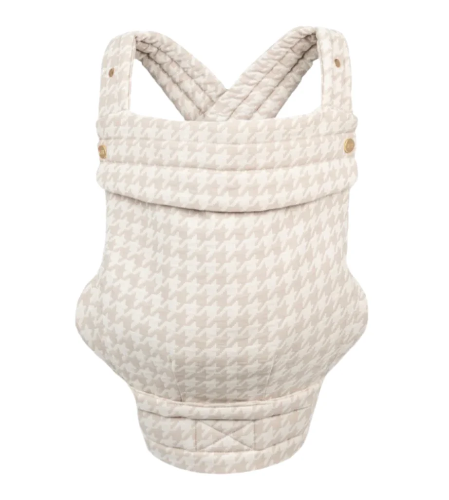 Mabe Monarch carrier laid flat showing the X-cross back strap design and gold snap hardware