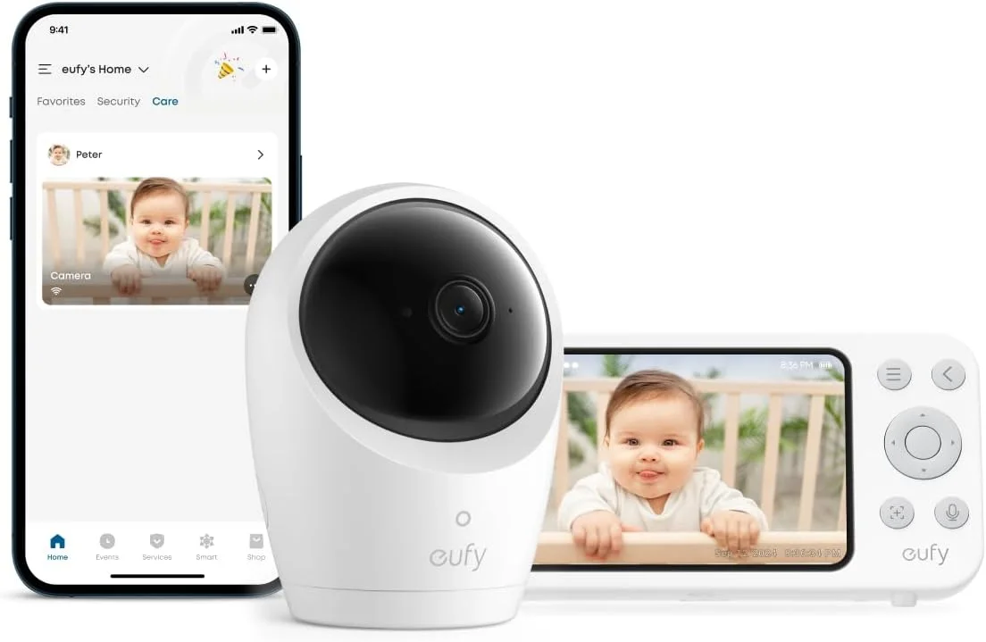 Eufy E21 SpaceView full system showing camera, parent display monitor with baby standing in crib, and eufy app on smartphone