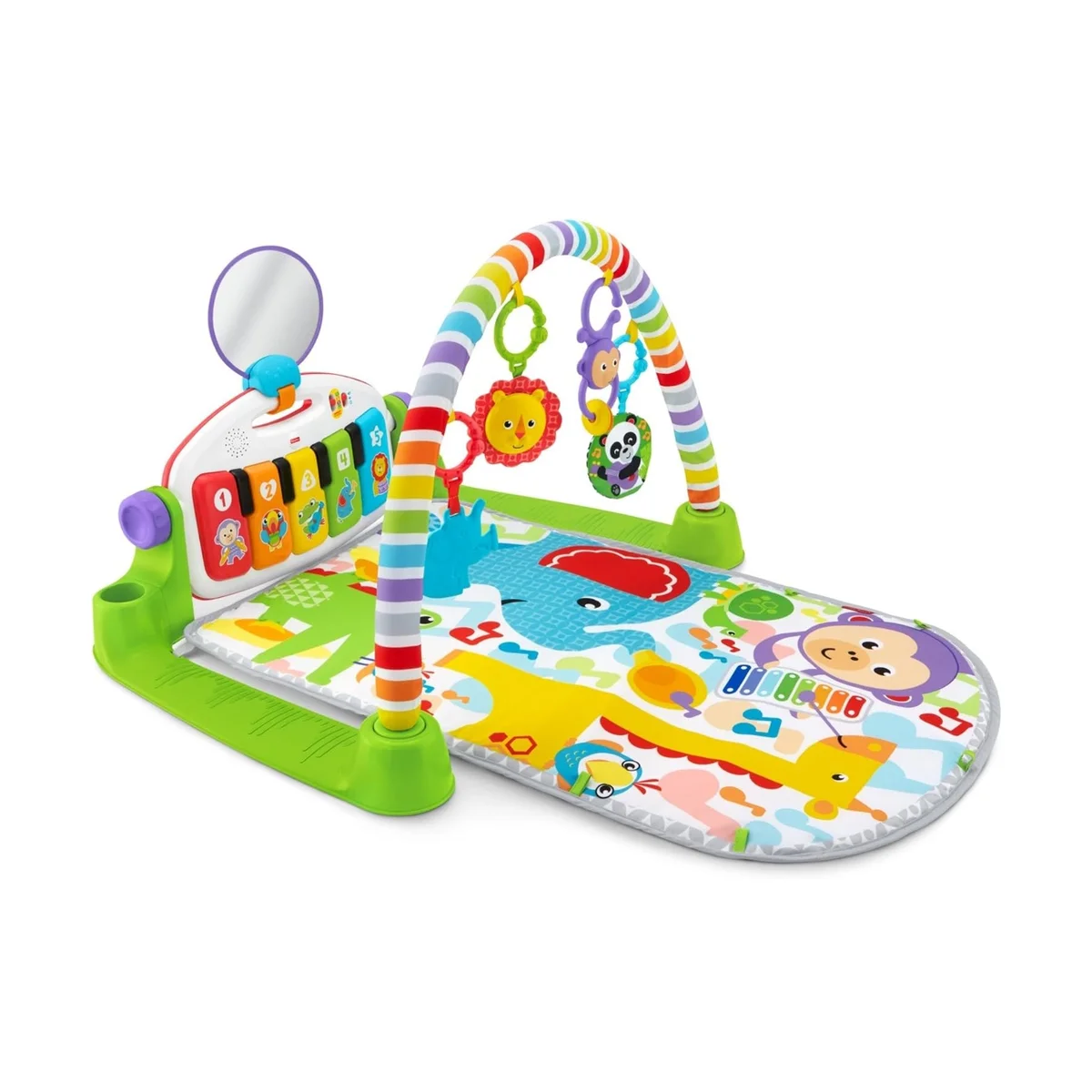 Fisher-Price Deluxe Kick & Play Piano Gym alternate angle showing the removable piano, hanging lion and panda toys, and mirror