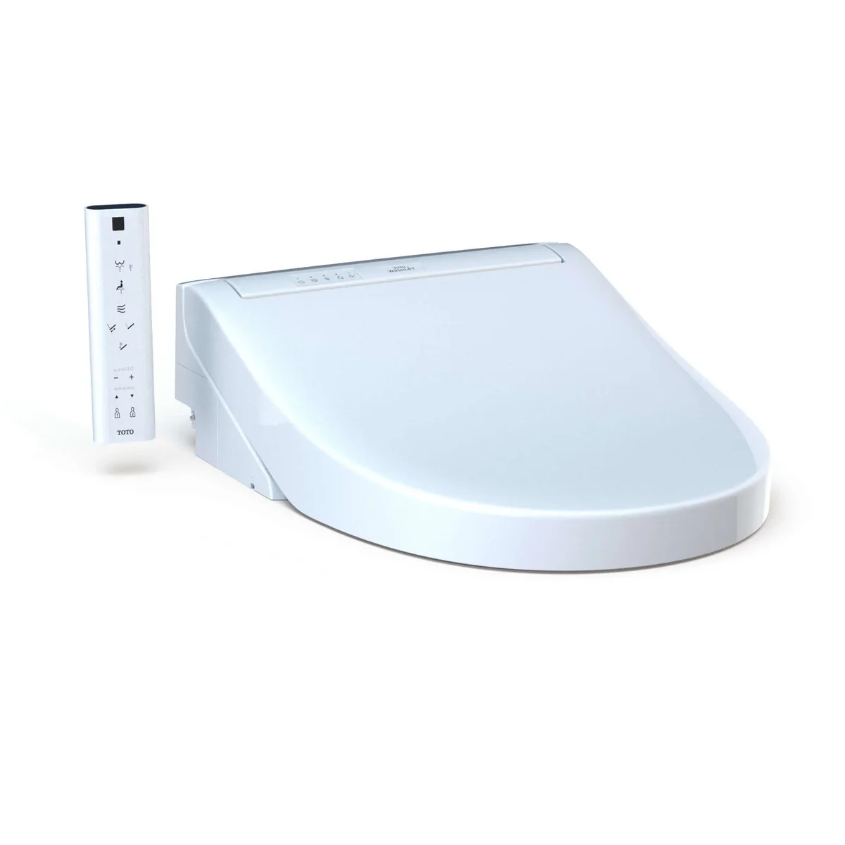 TOTO Washlet C5 bidet seat 3/4 side angle with wireless remote on white background