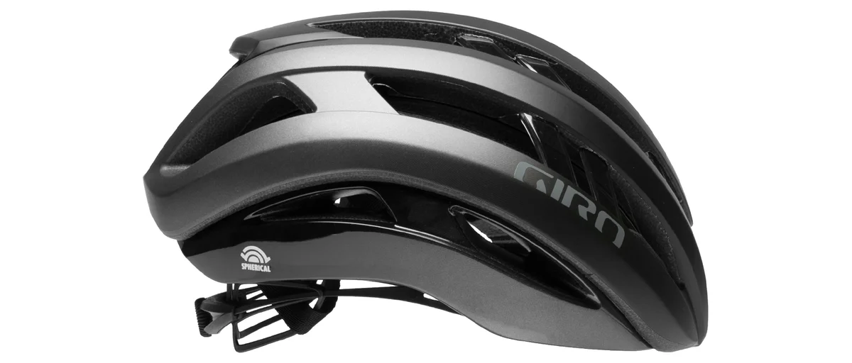 Giro Aries Spherical road bike helmet in matte black graphite, side profile showing Spherical logo