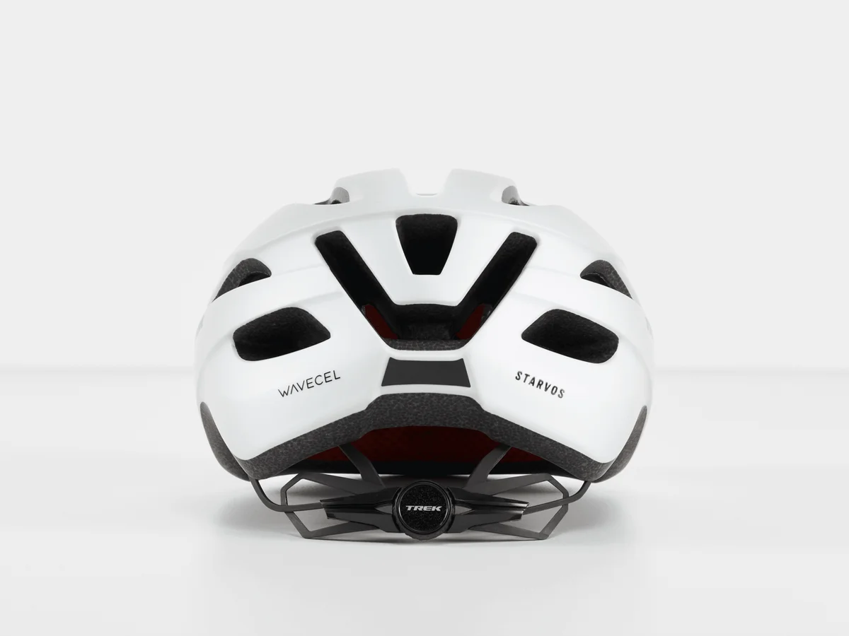 Trek Starvos WaveCel helmet rear view showing WaveCel and Starvos branding and Trek retention system