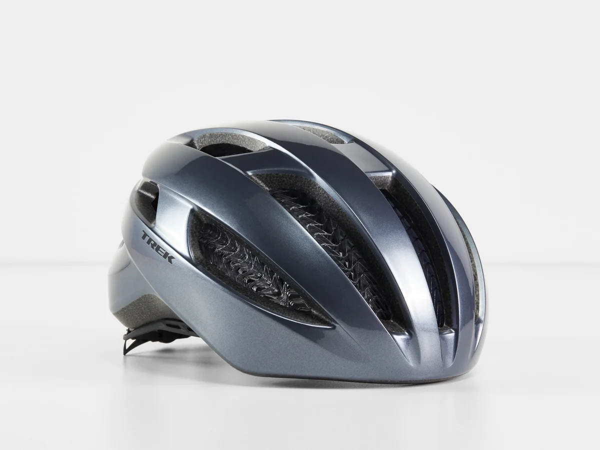 Trek Starvos WaveCel helmet 3/4 angle view in slate blue colorway showing Trek logo