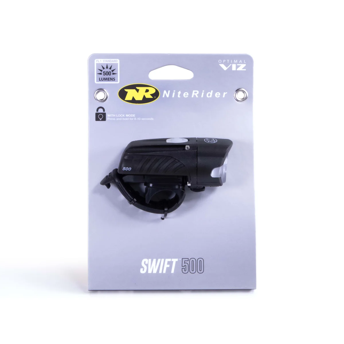 NiteRider Swift 500 in retail packaging showing side profile and handlebar mount