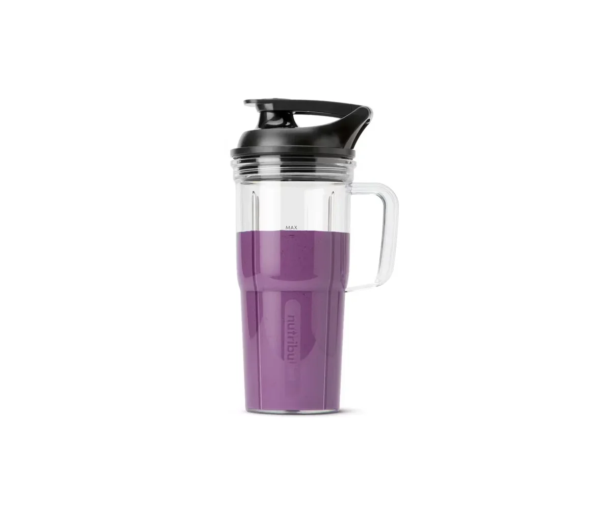Nutribullet Ultra 24oz handled cup with to-go lid filled with purple smoothie, showing the Tritan Renew material and max fill line