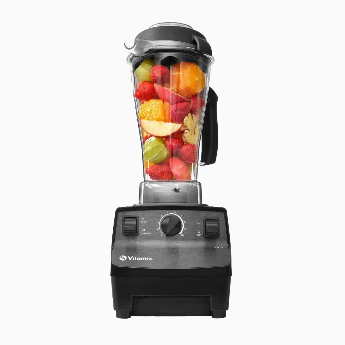 Close-up of Vitamix 5200 container filled with a red berry smoothie, showing the clear BPA-free Tritan pitcher and lid