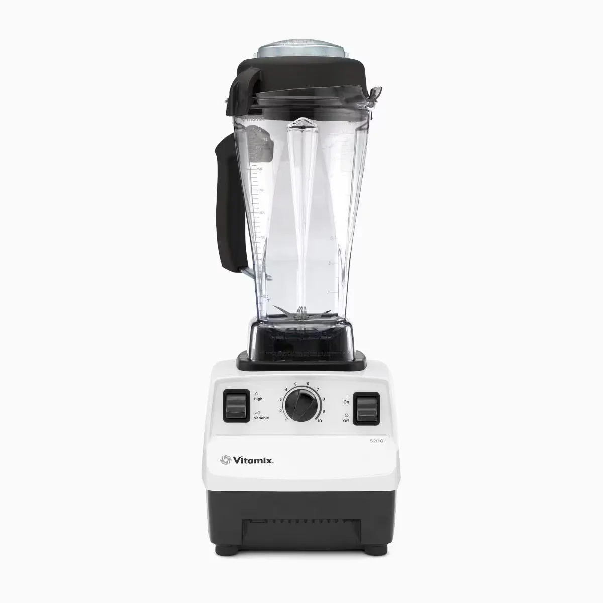 Vitamix 5200 blender in black with 64-ounce container on white background, full product view showing variable speed dial and toggle switch