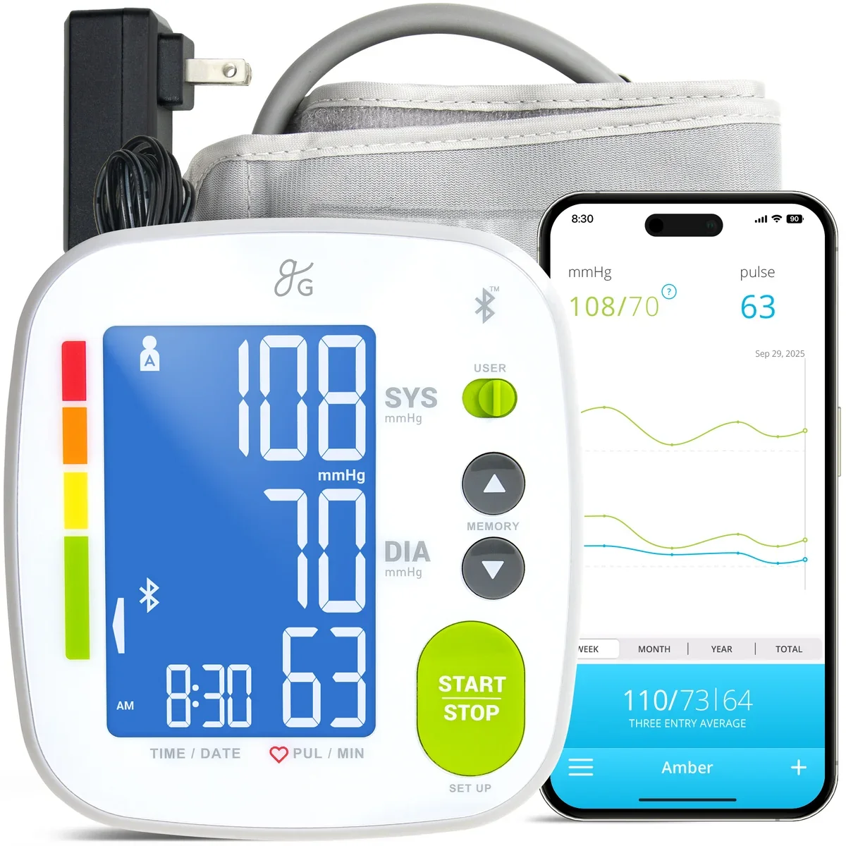 Greater Goods Bluetooth Smart Blood Pressure Monitor with upper arm cuff, power adapter, and companion smartphone app showing a reading