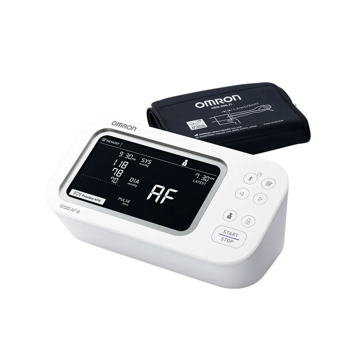 Omron Platinum BP5465 monitor with wide-range D-ring cuff at an angle