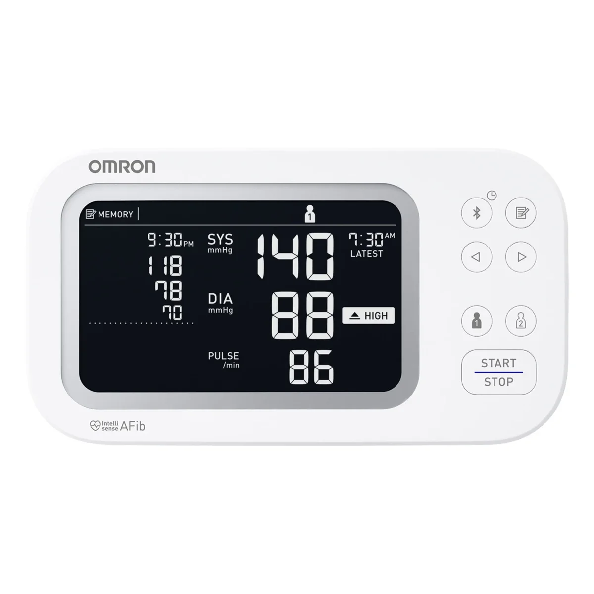 Omron Platinum BP5465 blood pressure monitor front view showing display and controls