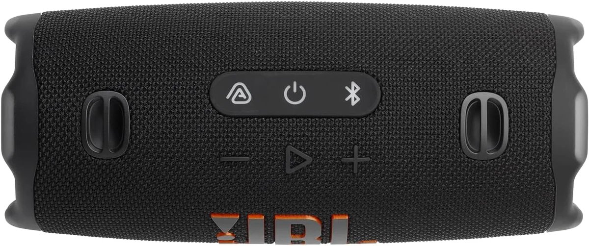 JBL Charge 6 top-down view showing controls, power, Bluetooth, and Auracast buttons
