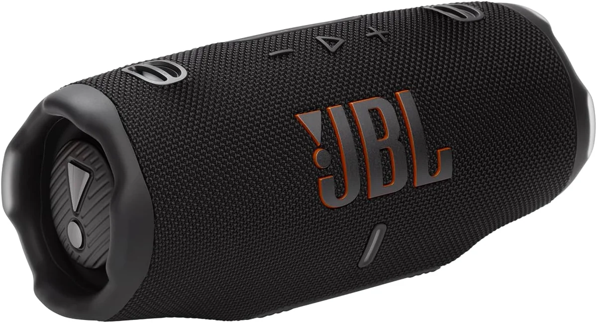 JBL Charge 6 in black, 3/4 angle showing JBL logo and passive radiator