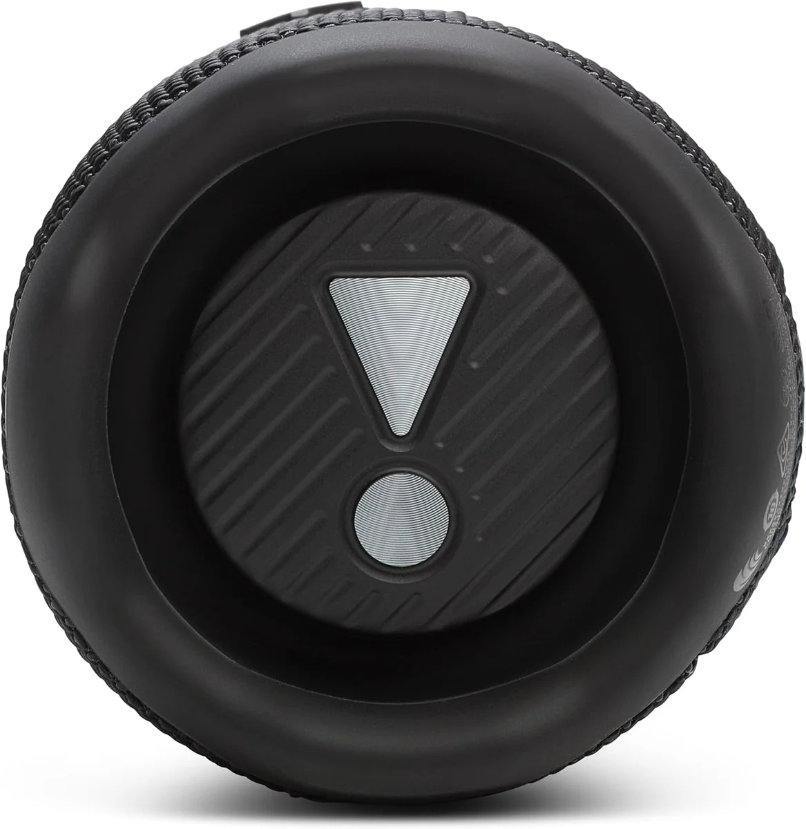 JBL Flip 7 end view showing passive radiator with exclamation mark design