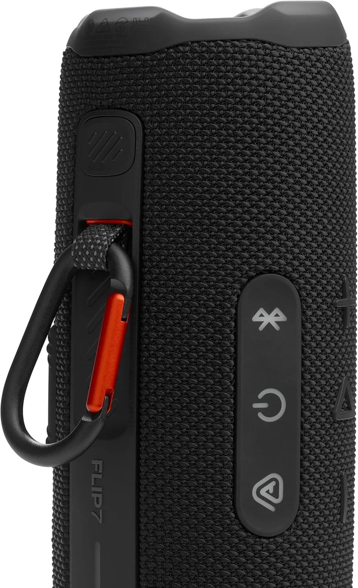 JBL Flip 7 side view showing Bluetooth and power buttons with PushLock carabiner attached