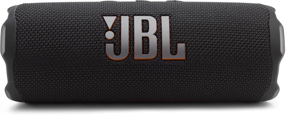 JBL Flip 7 horizontal profile showing JBL logo and fabric grille texture
