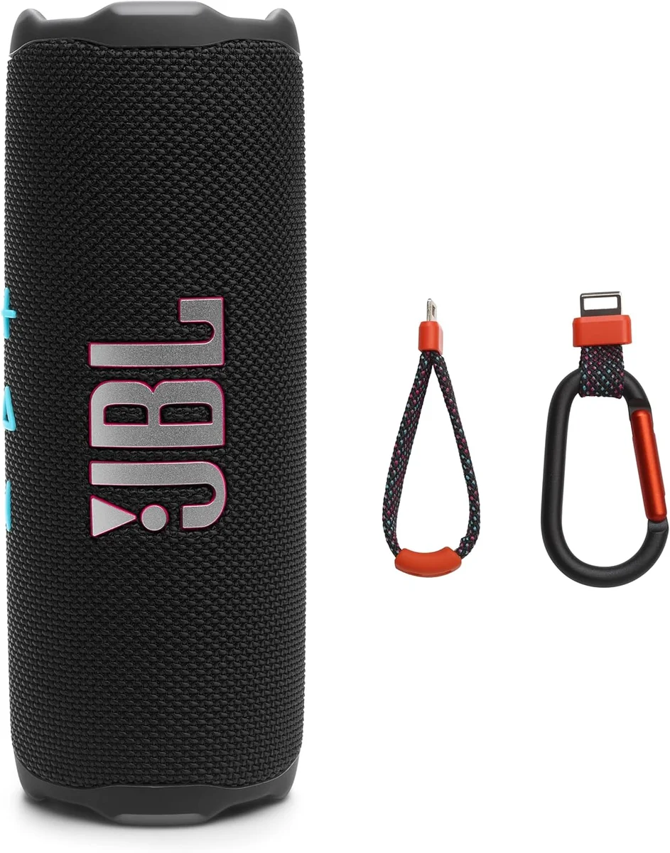 JBL Flip 7 in black standing upright with PushLock loop and carabiner accessories