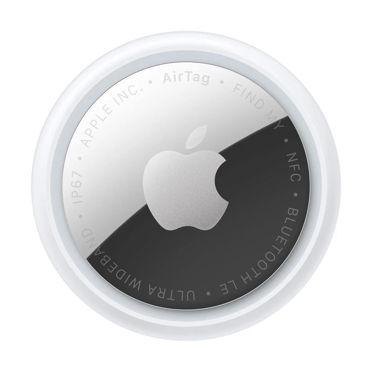 Apple AirTag (2nd generation) front view showing the polished stainless steel back with engraved Apple logo