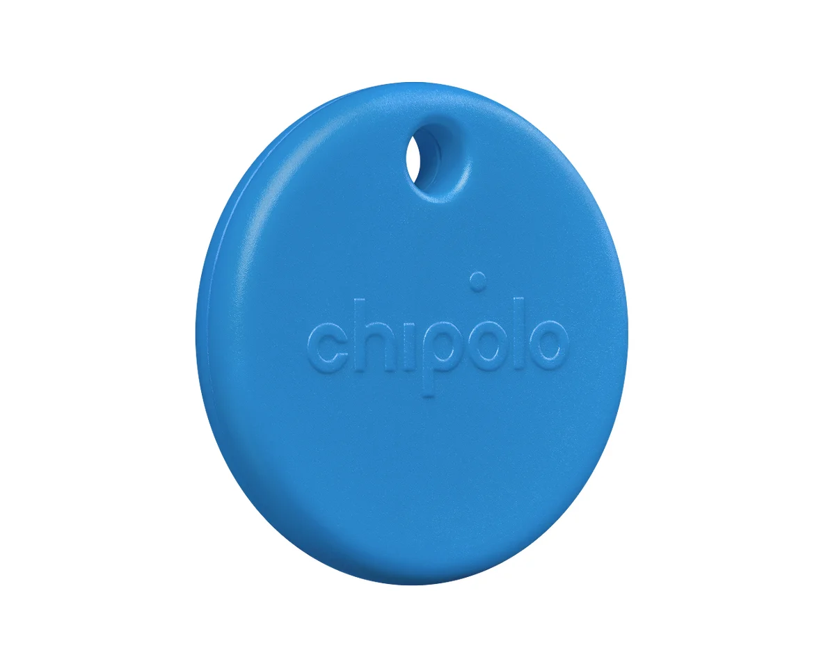 Chipolo POP blue Bluetooth tracker disc showing the keyring hole and embossed chipolo button on a white background