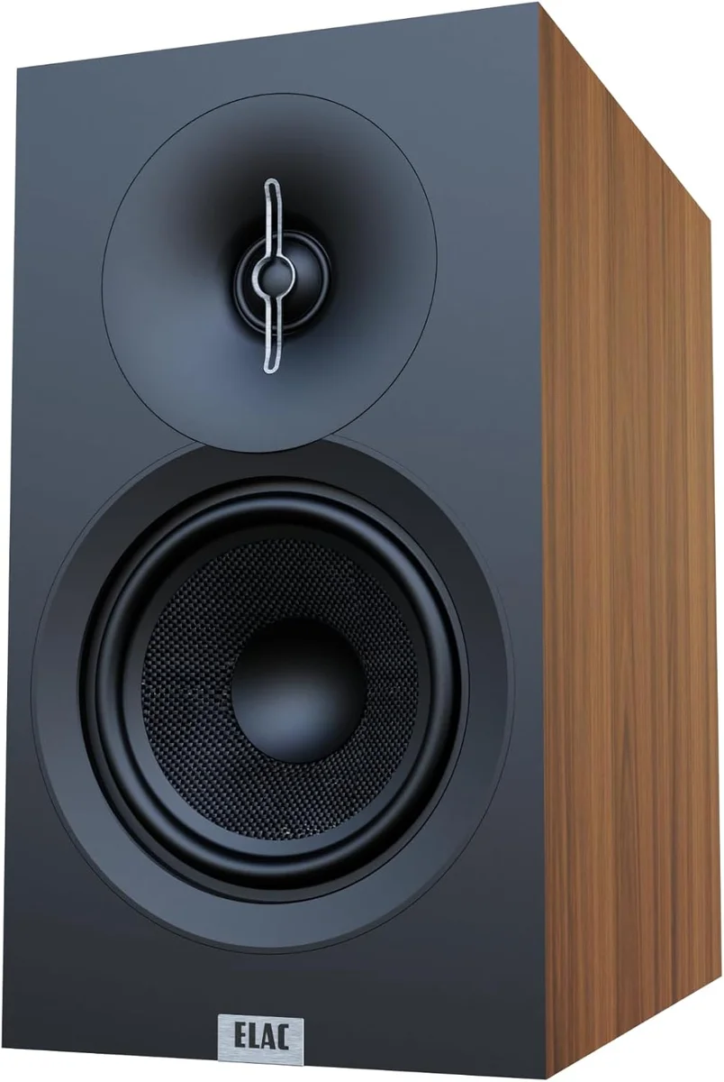 ELAC Debut 3.0 DB63 bookshelf speaker, Walnut finish, 3/4 front view