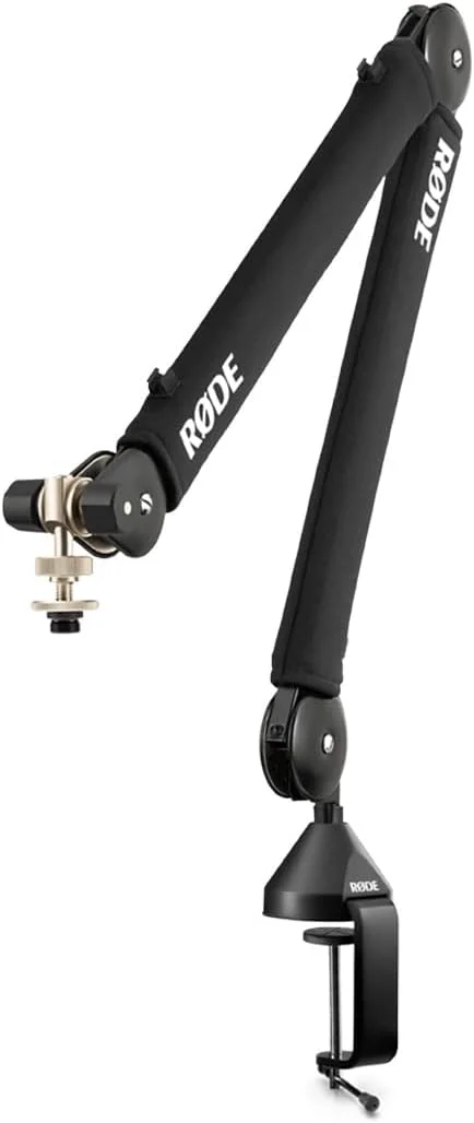 RØDE PSA1+ Professional Studio Arm in black with neoprene cover and desk clamp mount, full arm view on white background