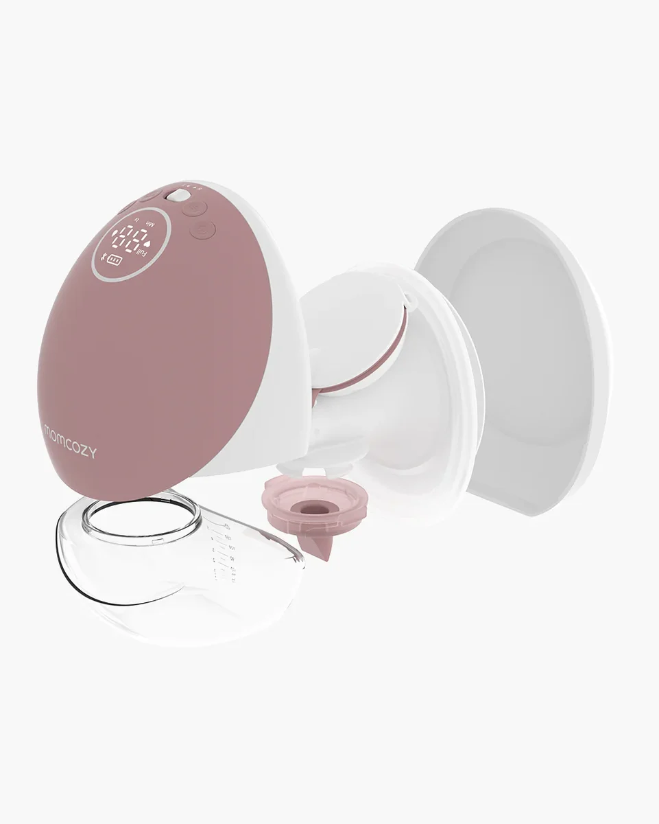 Momcozy M9 pump components exploded view showing motor, inner cup, flange, and milk collector