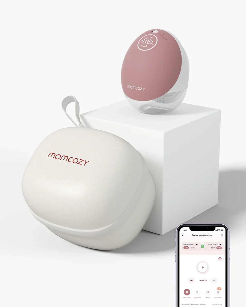 Momcozy M9 breast pump with round carrying case and app control on phone