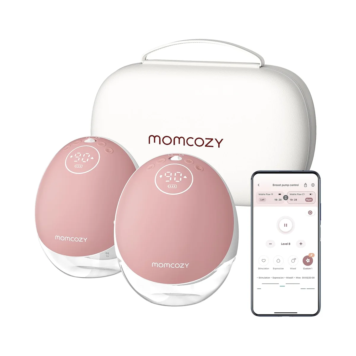Momcozy M9 Mobile Flow double breast pump set with carrying case and app