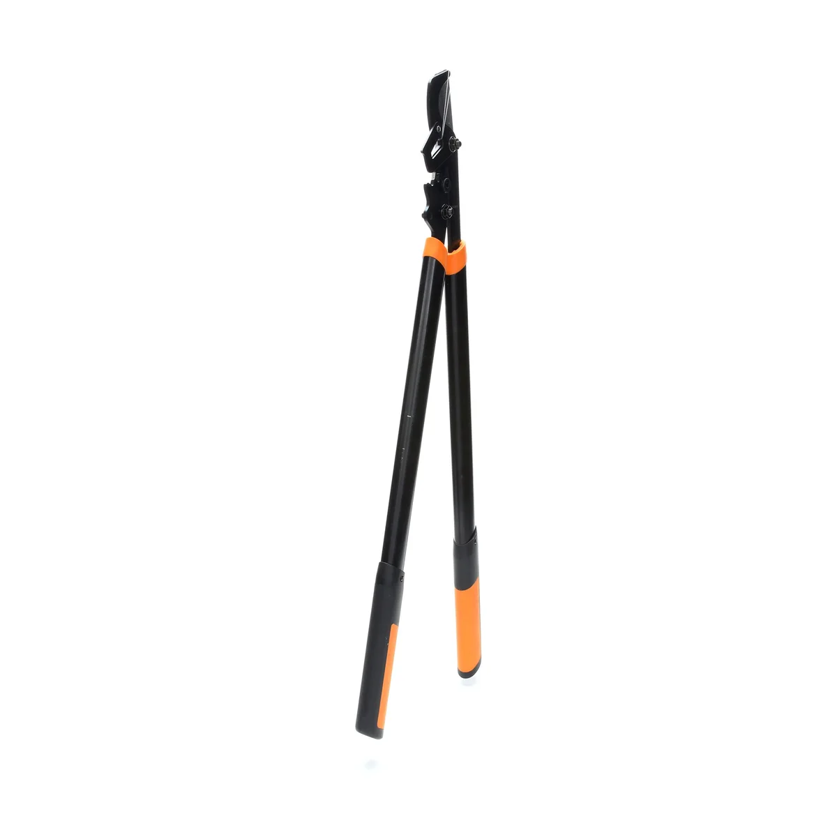 Fiskars PowerGear2 L5532 lopper with handles spread open, showing cutting action and orange SoftGrip handle ends