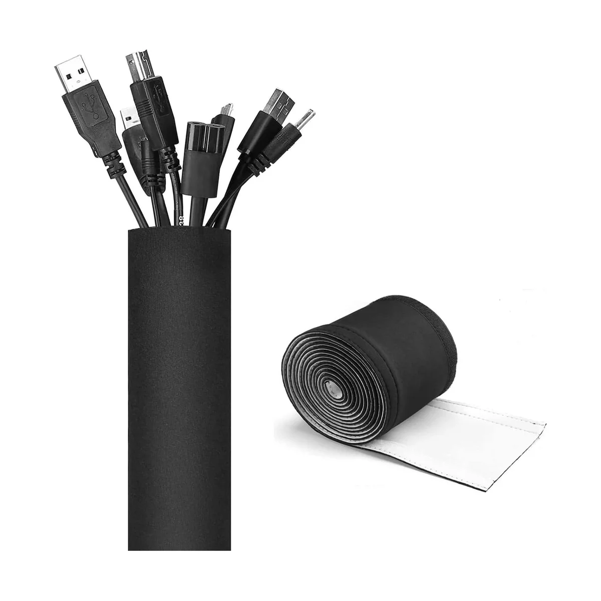 JOTO cable sleeve filled with USB cables next to a rolled-up sleeve showing the hook-and-loop backing