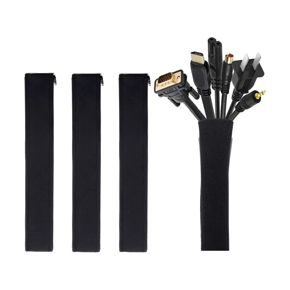 JOTO cable management sleeve set, three black neoprene zippered wraps beside one wrapped around a bundle of AV and power cables