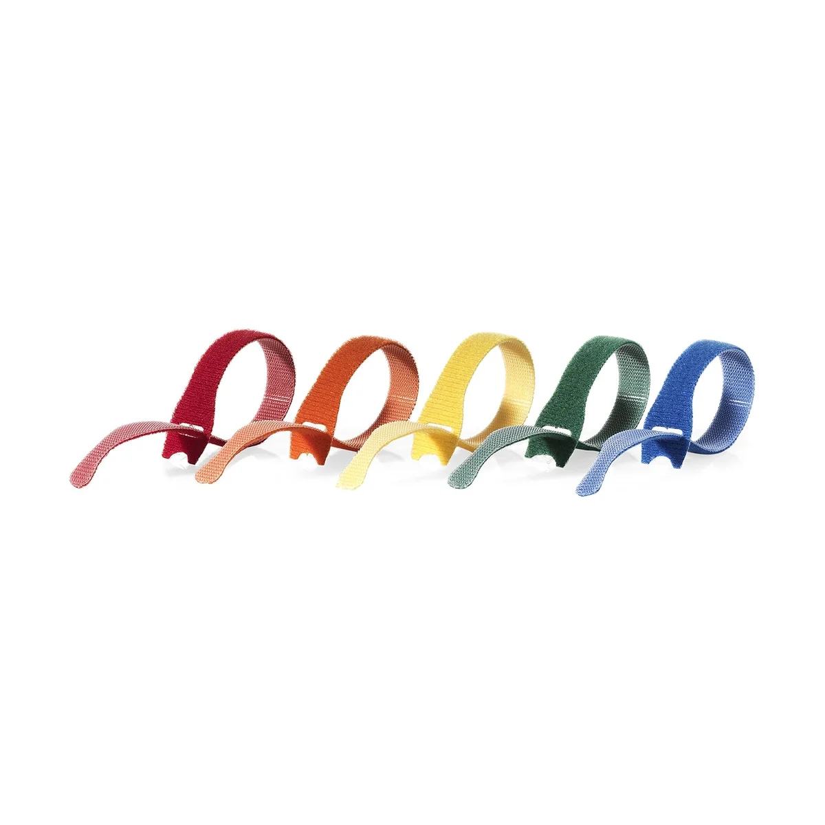 VELCRO Brand ONE-WRAP thin ties in red, orange, yellow, green, and blue arranged in a row on a white background
