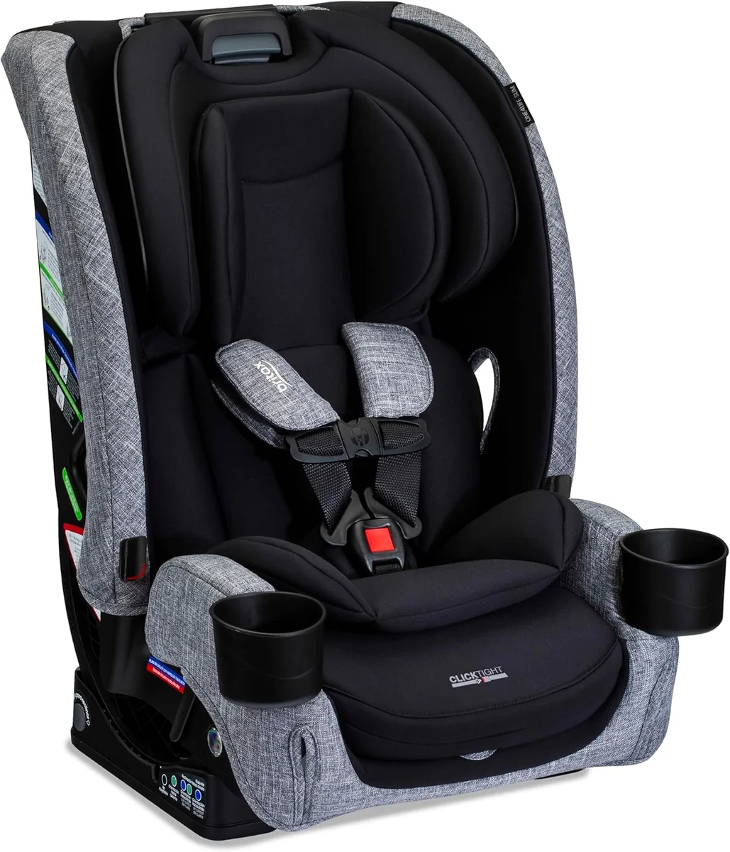 Britax One4Life Slim in Circa two-tone grey and black showing padded harness and booster configuration