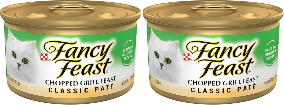 Two cans of Purina Fancy Feast Classic Pate Chopped Grill Feast side by side, showing the multipack case