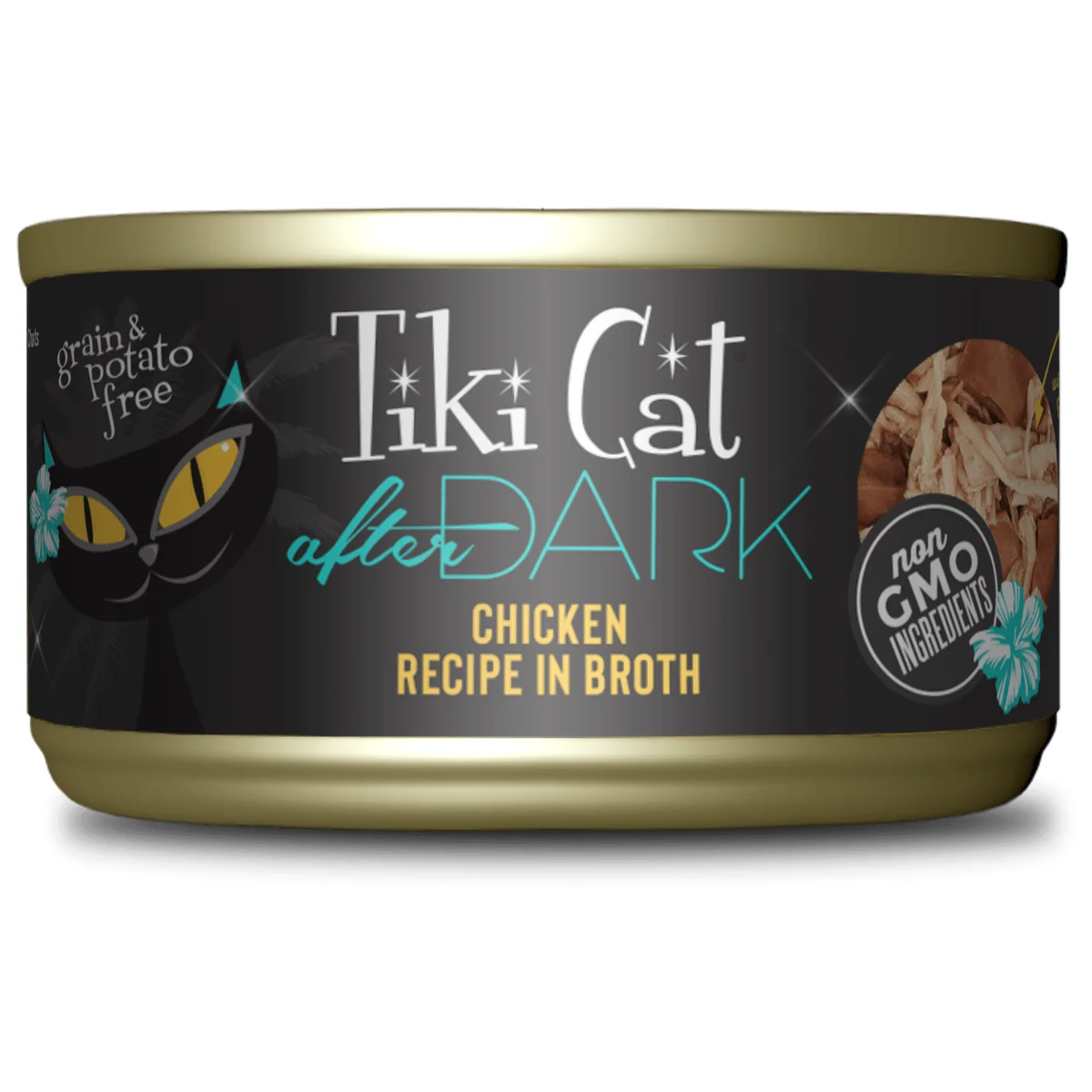 Tiki Cat After Dark Chicken canned cat food can, front label view