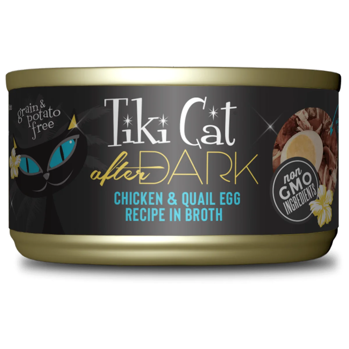 Tiki Cat After Dark Chicken & Quail Egg canned cat food can, front label view