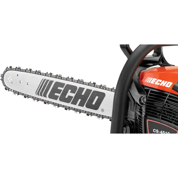 Echo CS-4510 bar and chain close-up showing ECHO-branded guide bar