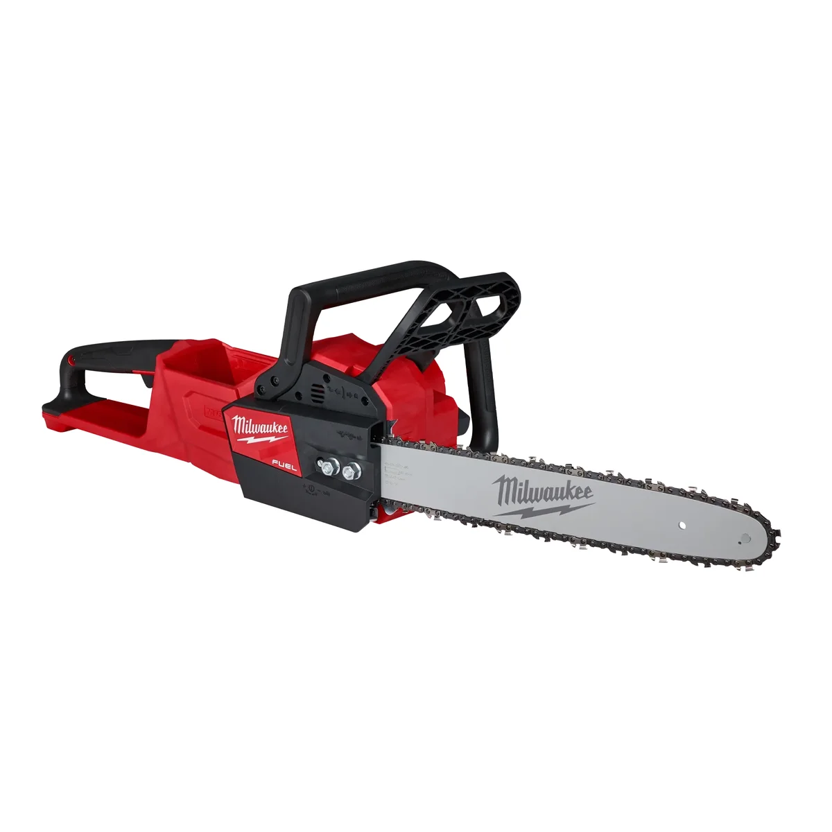 Milwaukee M18 FUEL 16-inch chainsaw alternate 3/4 angle showing bar and chain without guard