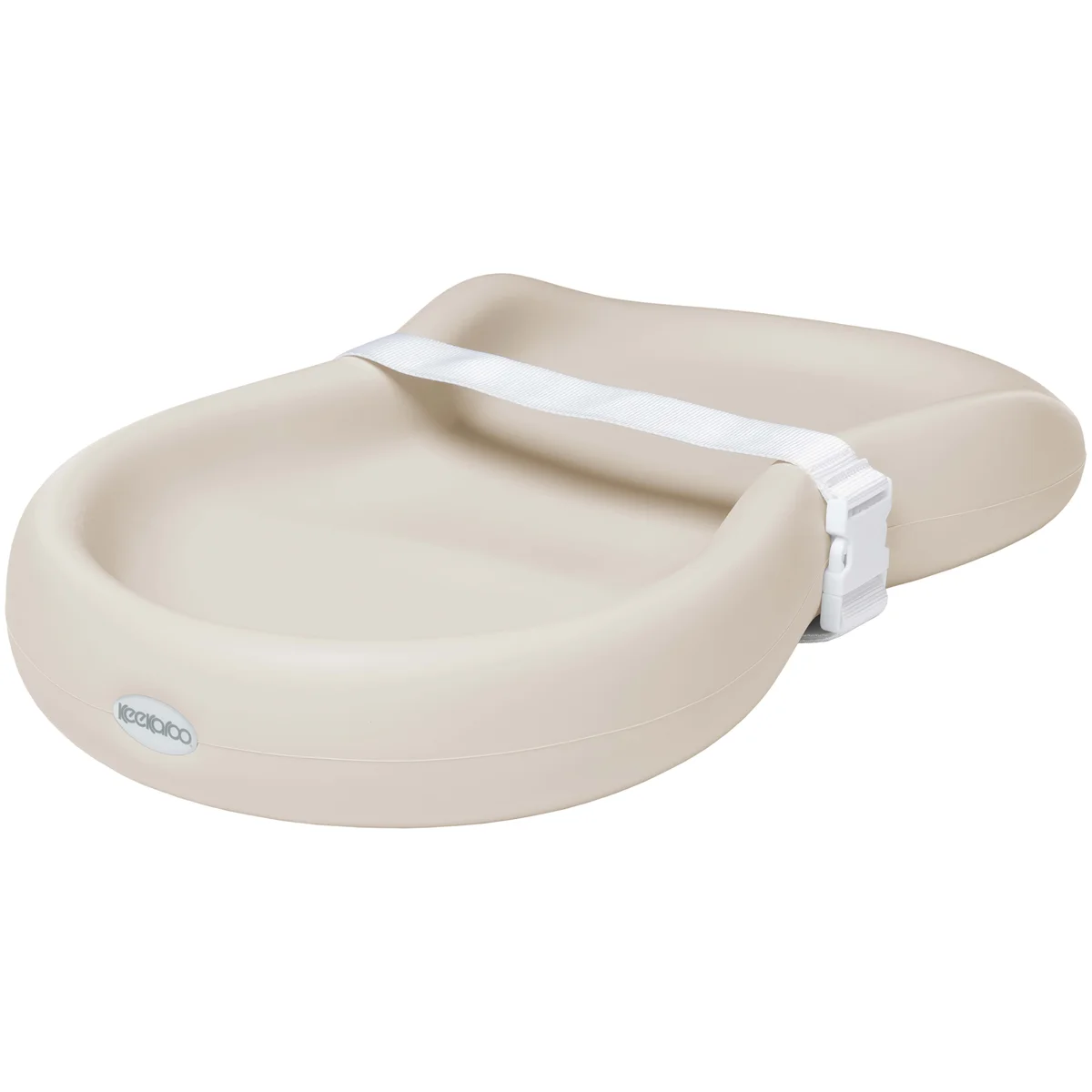 Keekaroo Peanut Changer in vanilla — 3/4 angle studio shot showing cradling ledge and safety strap on white background