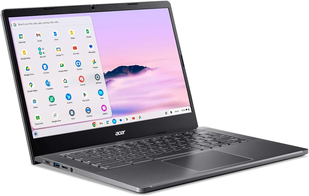 Acer Chromebook Plus 514 open showing Chrome OS app launcher on 14-inch display