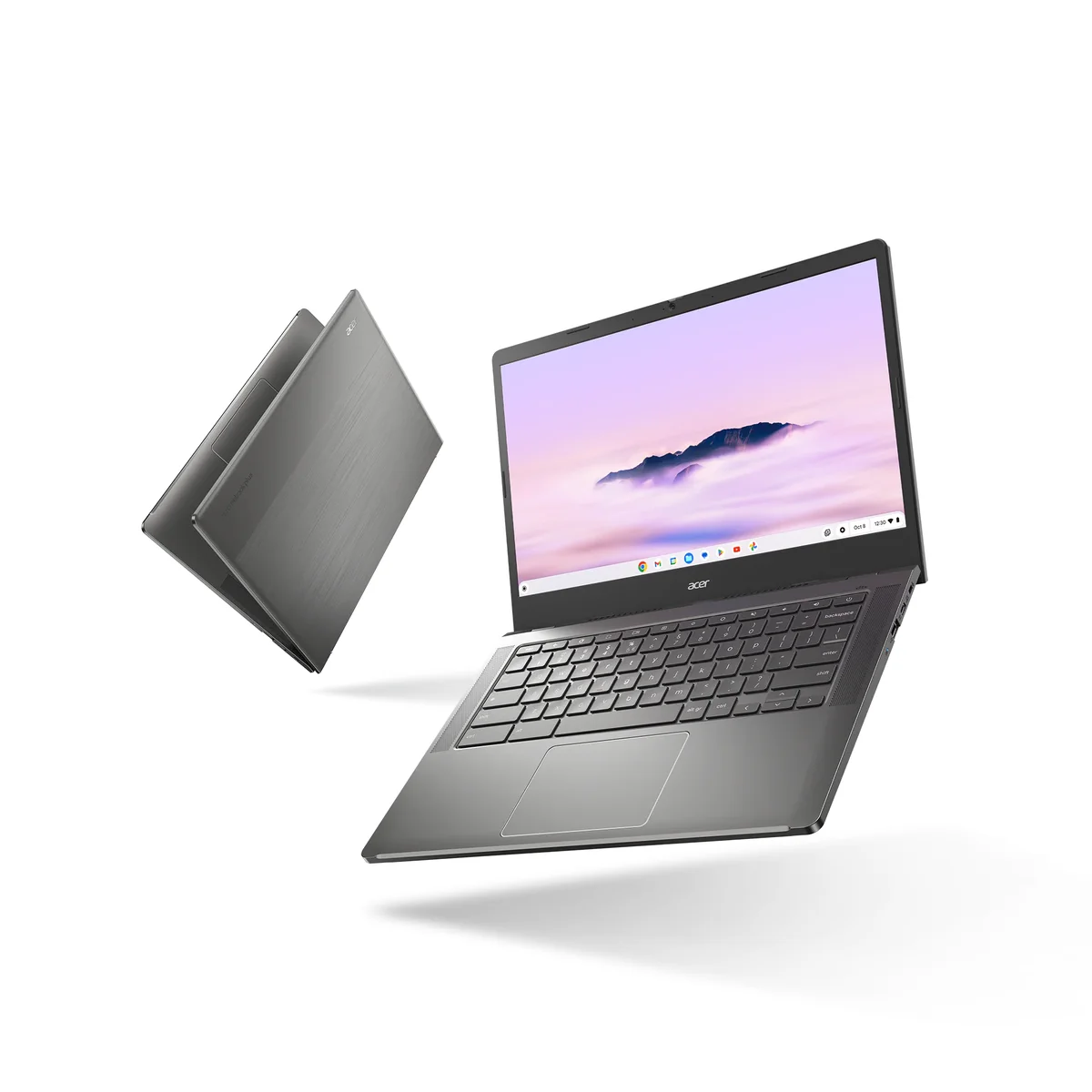 Acer Chromebook Plus 514 front 3/4 view with closed lid floating behind
