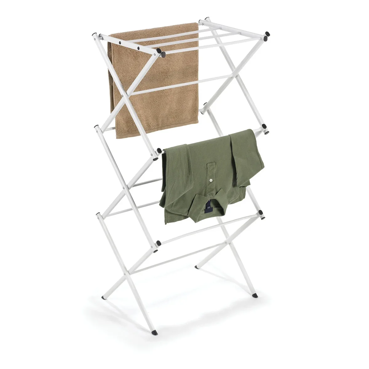 Polder Compact Accordion Clothes Drying Rack in use, drying a towel and a folded shirt across its rods