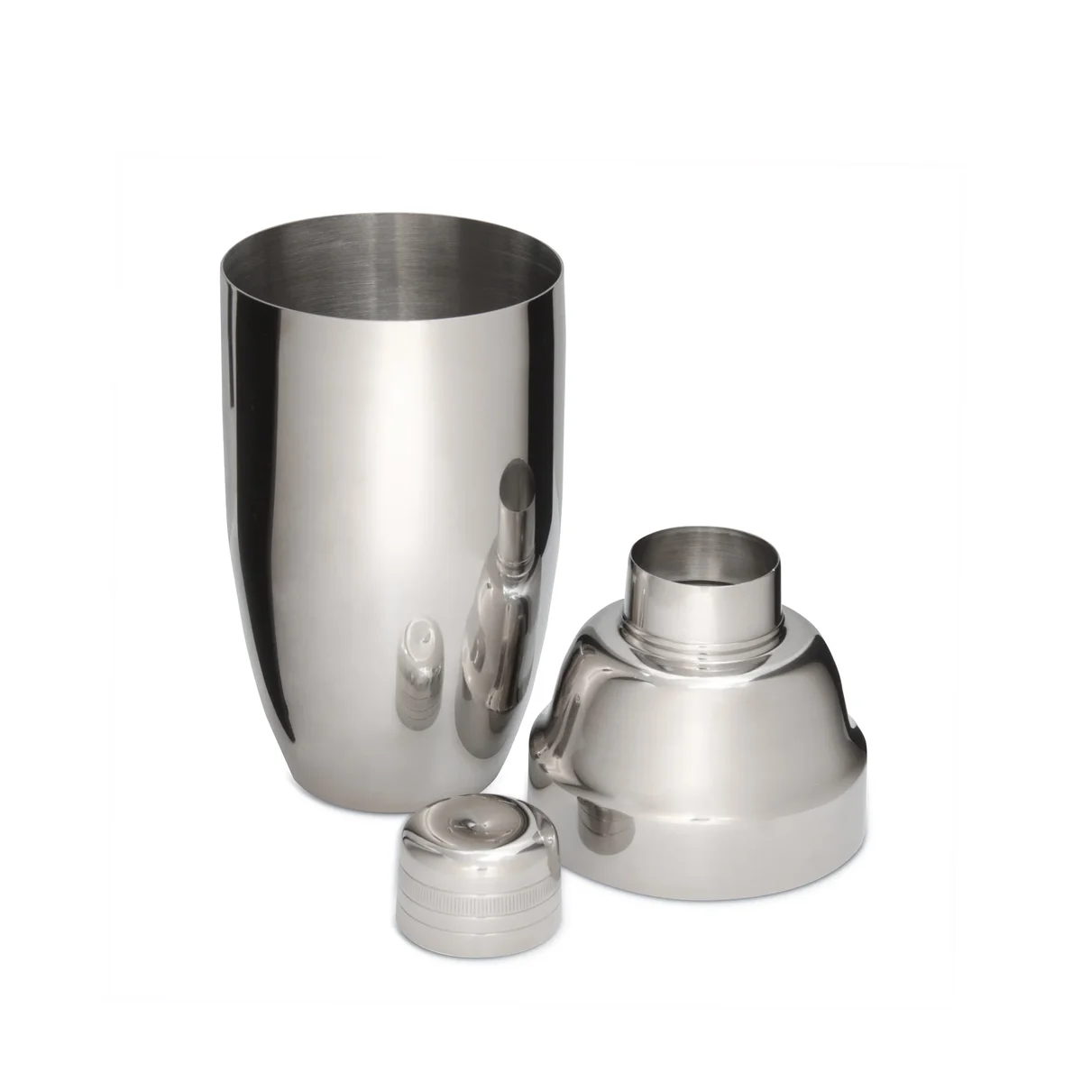 Usagi Cobbler Shaker taken apart into tumbler, strainer top and cap