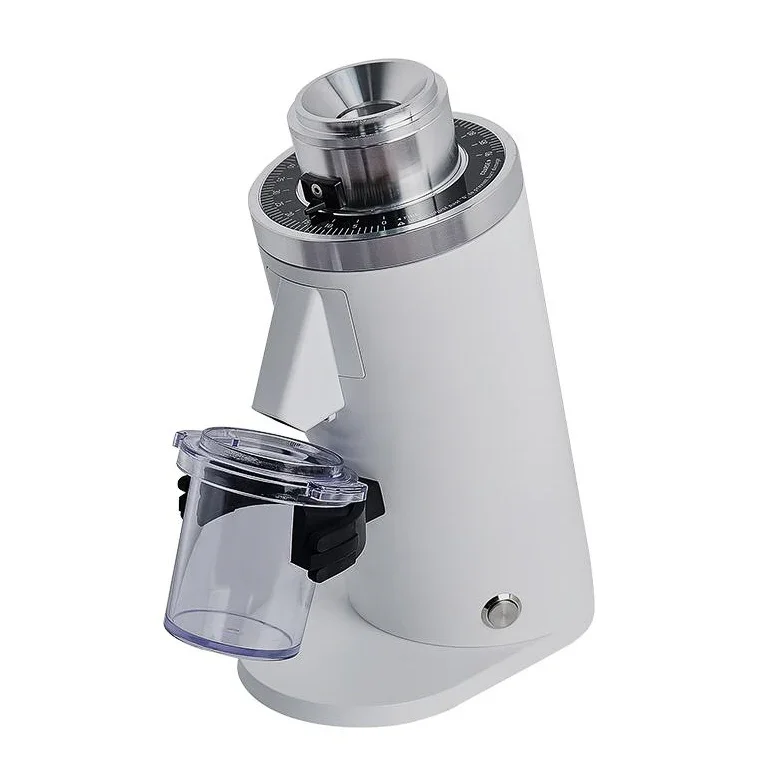 Turin DF54 grinder in white showing the clear dosing cup and adjustment dial from the side