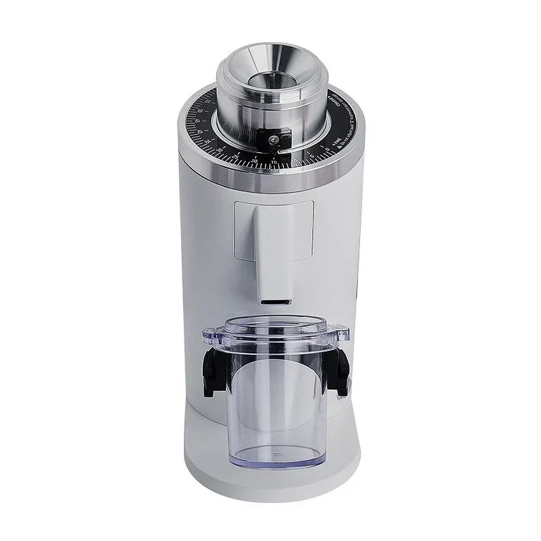Turin DF54 grinder in white, front view showing the dosing cup with lid and open-top bean inlet