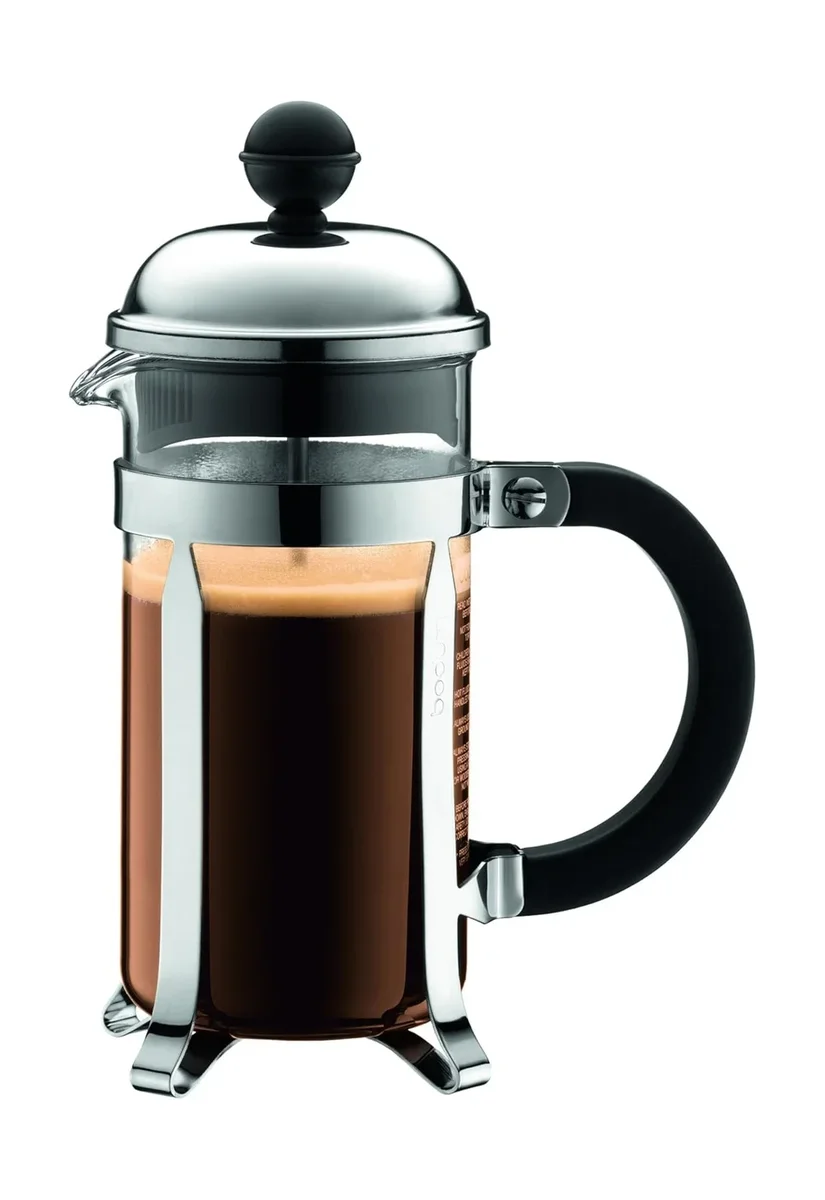 Bodum Chambord French Press filled with coffee, chrome frame three-quarter angle