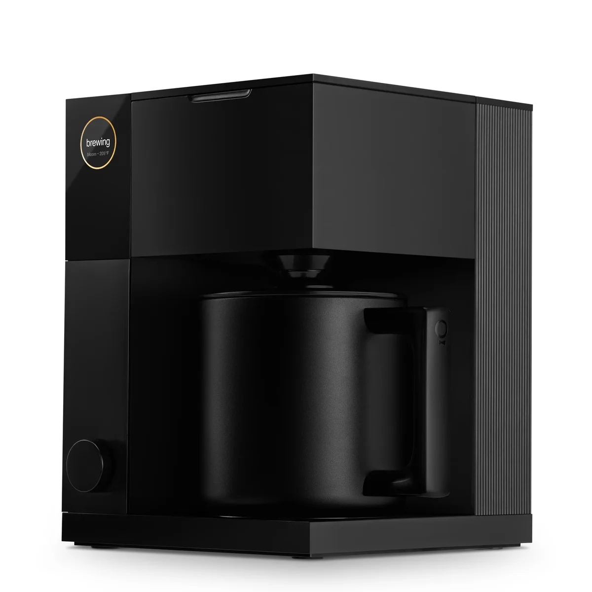 Fellow Aiden three-quarter angle showing brewing screen and ribbed side panel