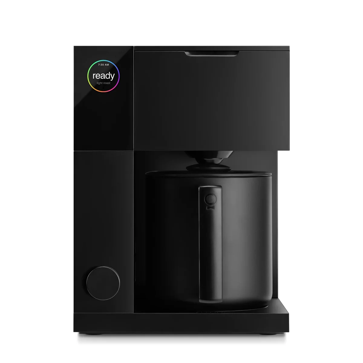 Fellow Aiden Precision Coffee Maker front view in matte black with color display showing ready status