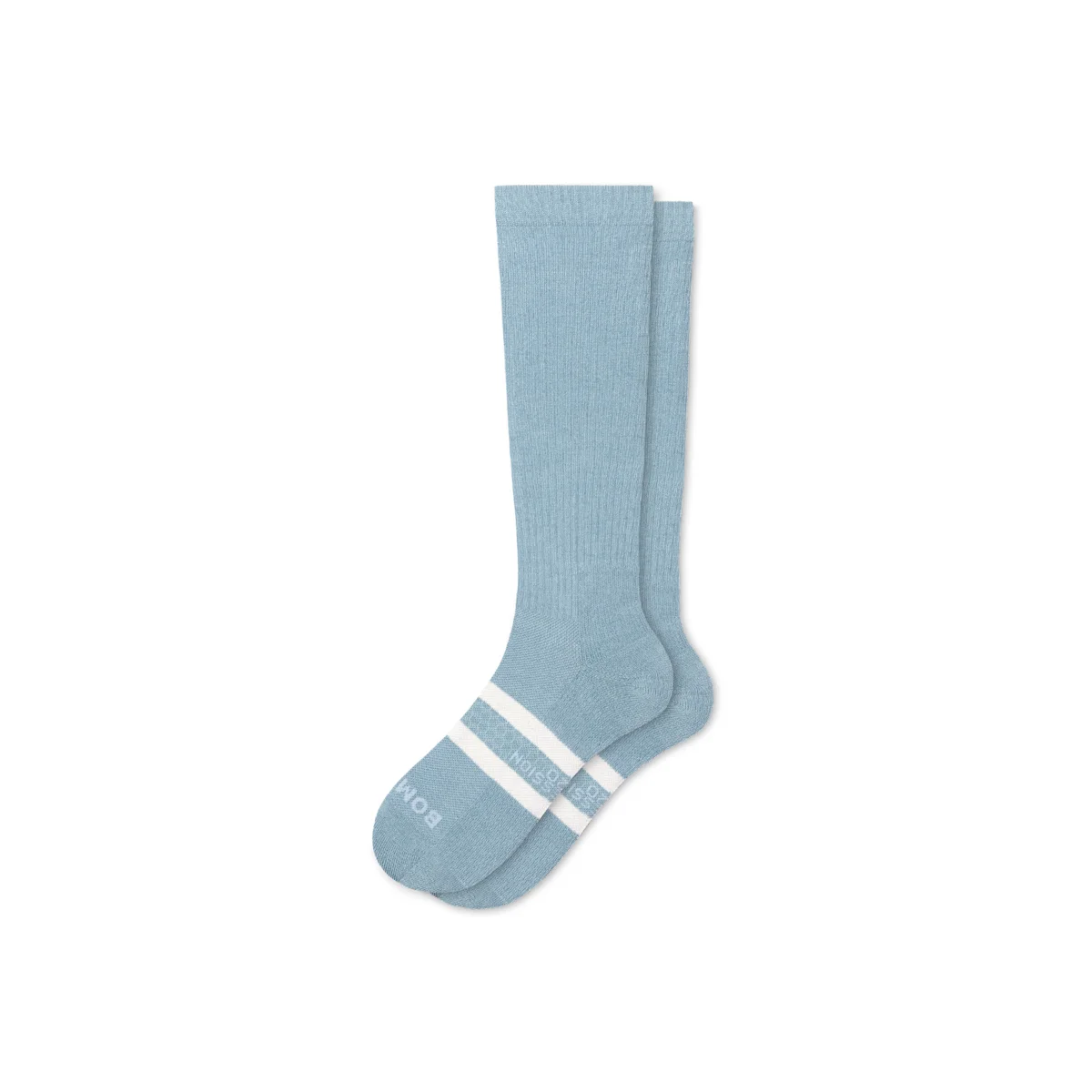 Bombas Everyday Compression Socks in fog harbor blue, laid flat showing ribbed knit and contrast stripe detail